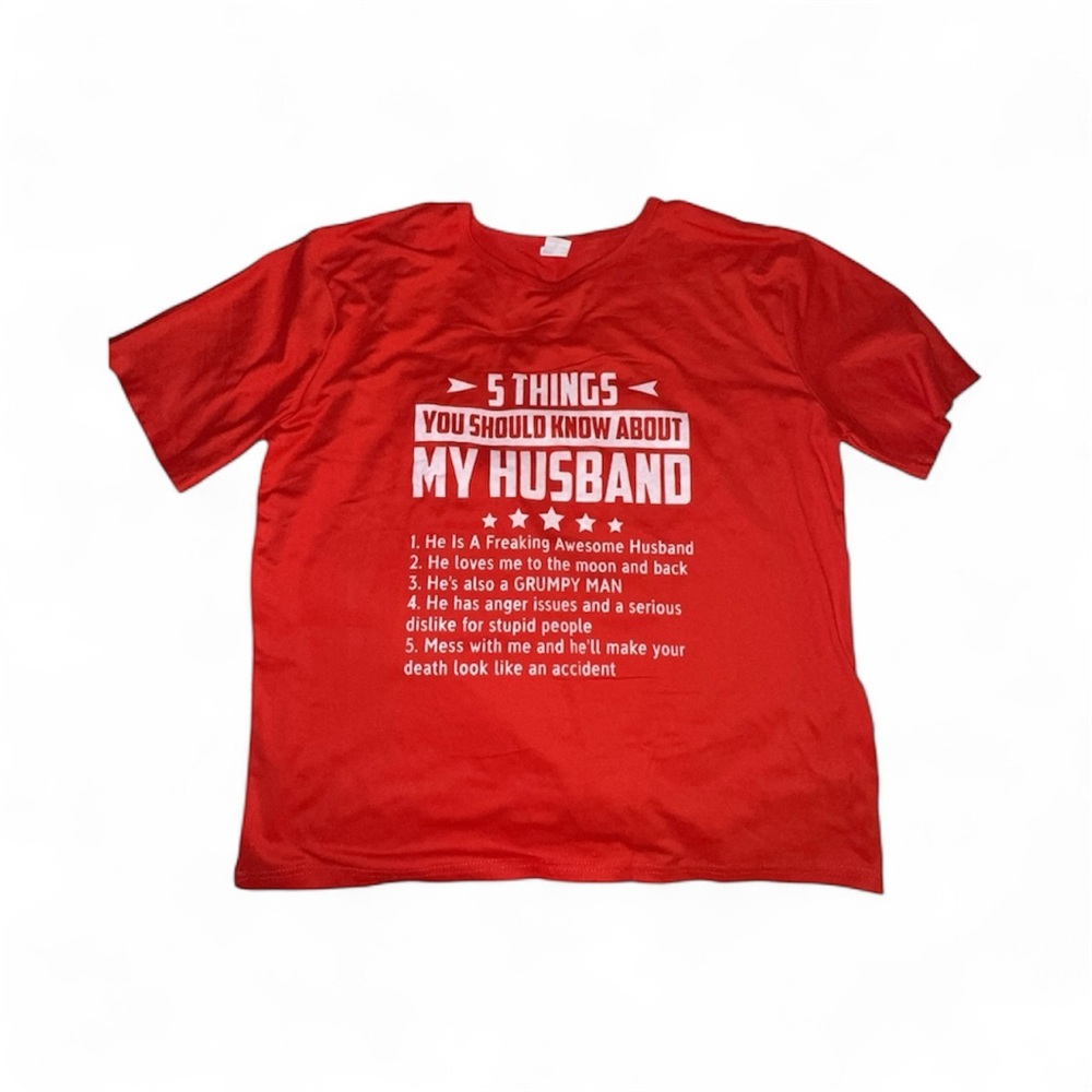 Red “5 Things you should know about my Husband” Graphic Tee - Short Sleeve - Picture 3 of 5